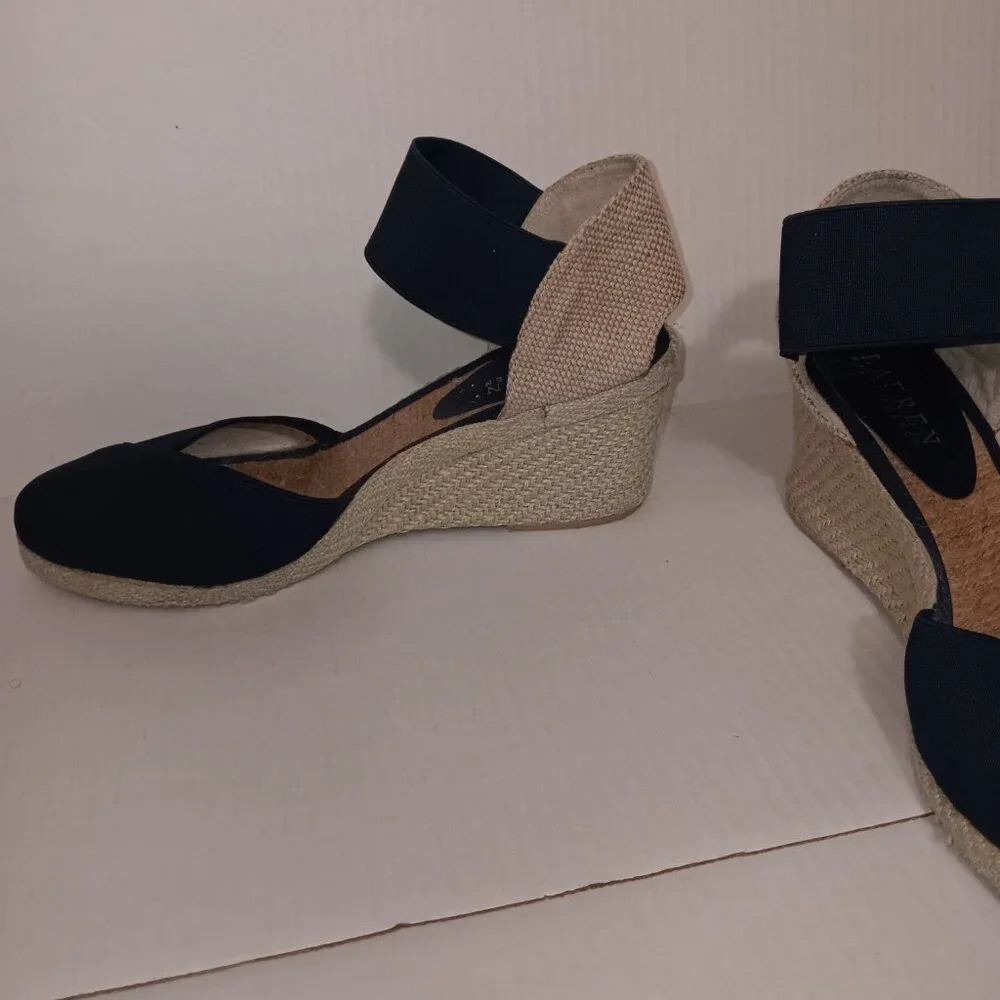 Lauren Ralph Lauren-Black Espadrille Wedge Sandals